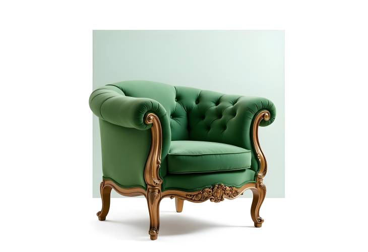 Ornate Antique Green Armchair with Palace Charm on a White Background